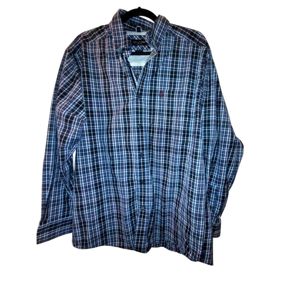 Ariat Men's Blue Plaid Button-Up Shirt Size M Western Cowboy Country Brushpopper